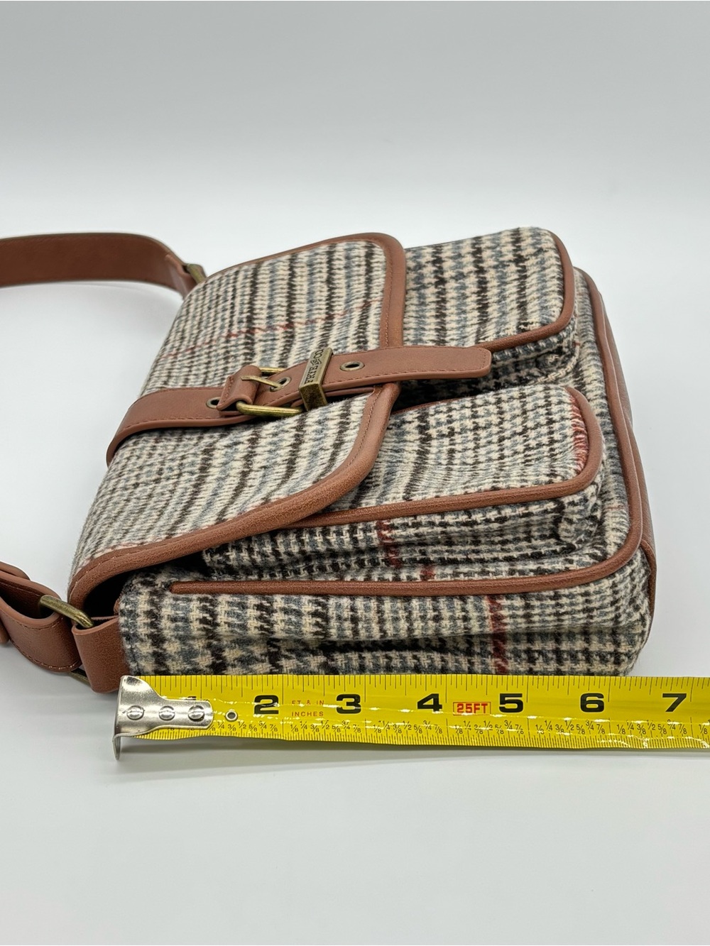 Frye & Co Houndstooth Plaid Shoulder Bag Brown Purse Academia Equestrian Preppy - Picture 9 of 15